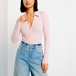 Express Ribbed V-Neck Long Sleeve Henley Polo Bodysuit